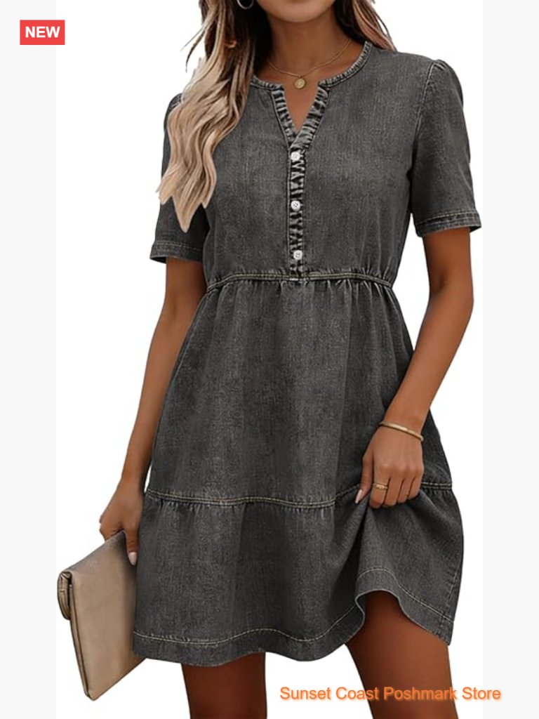Summer Denim Dress Short Sleeve Babydoll Tiered With Pockets